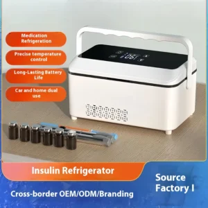 Portable insulin cooler with built-in rechargeable battery, offering up to 20 hours of runtime for safe storage and transport.